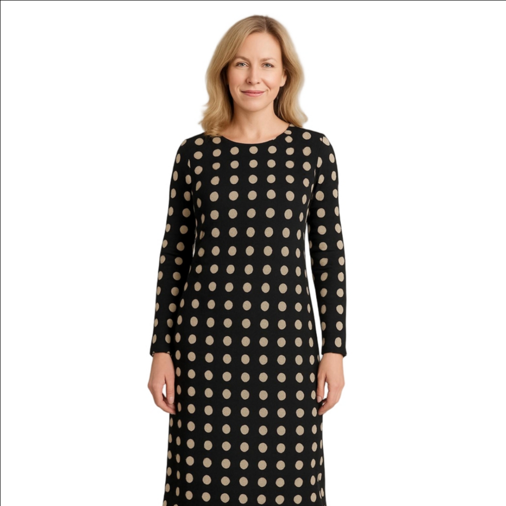Boden Jersey Knit Shift Long Sleeves Crewneck Geometric Polka Dot Blue Dress 6